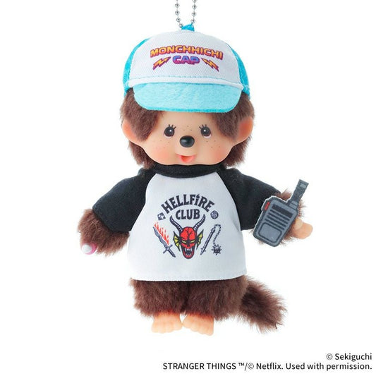 Monchhichi x Stranger Things Hellfire Club Mascot Keychain -- Dustin-inspired Monchhichi with tee and walkie-talkie, official Sekiguchi Netflix collab collectible gift