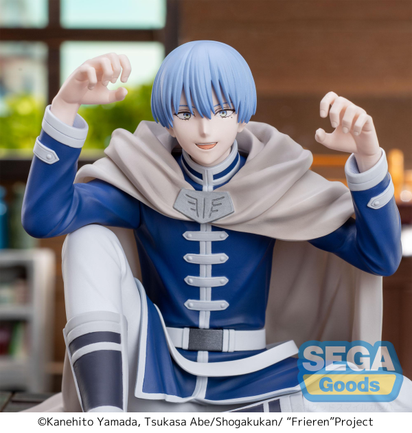 SEGA PM Perching Figure Himmel in seated pose, blue hero outfit — official Frieren: Beyond Journey's End prize figure collectible