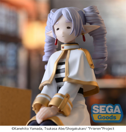 SEGA PM Perching Figure Frieren in seated pose with ringlet hairstyle, white mage outfit — official Frieren: Beyond Journey's End prize figure collectible