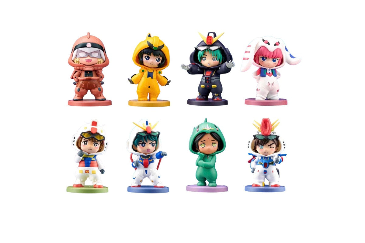 BN Figure Q Pajamarz Mobile Suit Gundam Universal Century Ver. blind box -- 8 types chibi UC Gundam mobile suits in pajama sitting pose, official Bandai Namco Shokugan collectible
