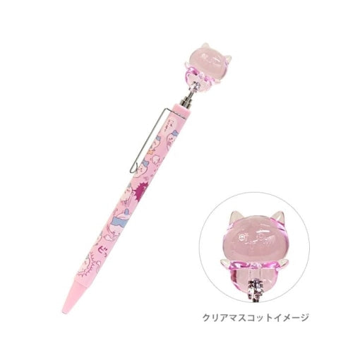 Official Nagano Chiikawa mechanical pencil featuring a pink barrel with character illustrations and a clear pink Hachiware Medusa Stone mascot topper.