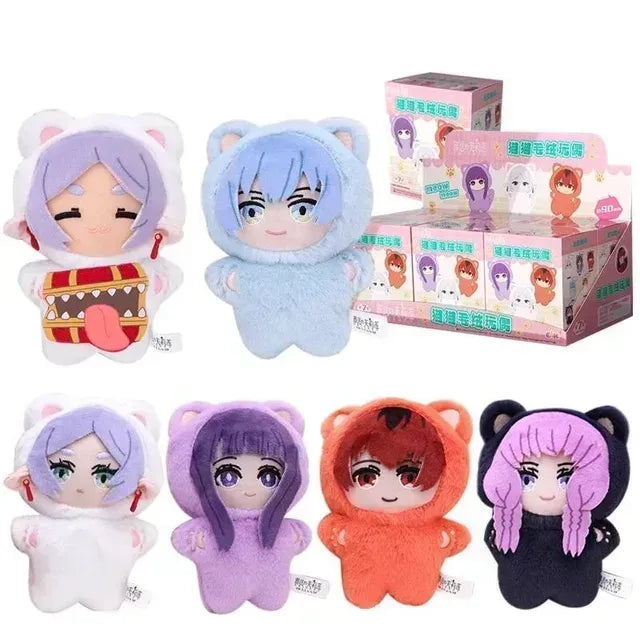 Official EAKI Frieren Beyond Journey's End plush keychains showing characters like Frieren and Himmel in pastel-colored cat-eared hoods with metal keychains.