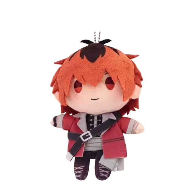 Plush toy with orange hair and red outfit on a light pink background, featuring brand names and text.