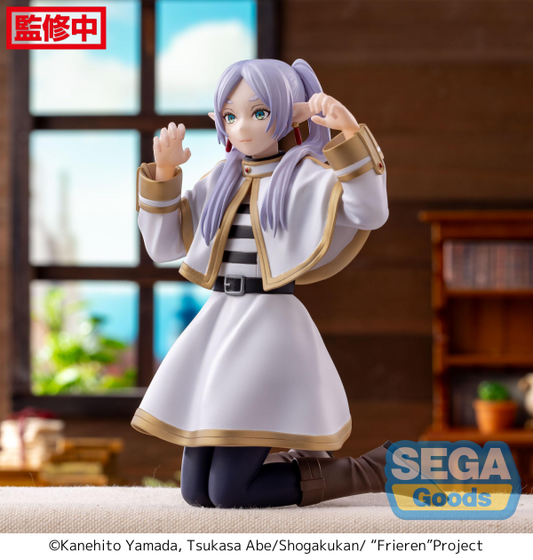 SEGA PM Perching Figure Frieren kneeling with hands raised, white mage outfit with gold trim — official Frieren: Beyond Journey's End prize figure collectible