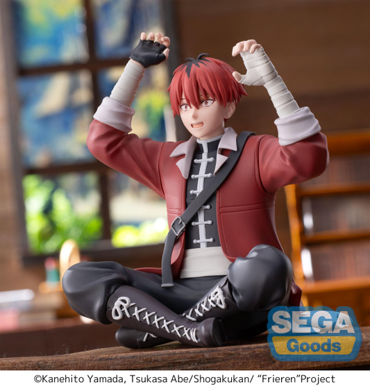 SEGA PM Perching Figure Stark seated cross-legged with arms raised, red hair and jacket, bandaged hands — official Frieren: Beyond Journey's End prize figure collectible