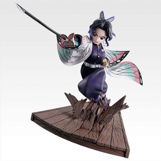 Official Ichiban Kuji Demon Slayer A Sister’s Revenge Shinobu Kocho figure with butterfly-patterned haori in a dynamic sword-drawing pose.