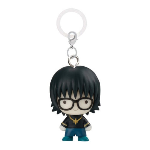 Keychain with a character wearing glasses and a black outfit on a white background