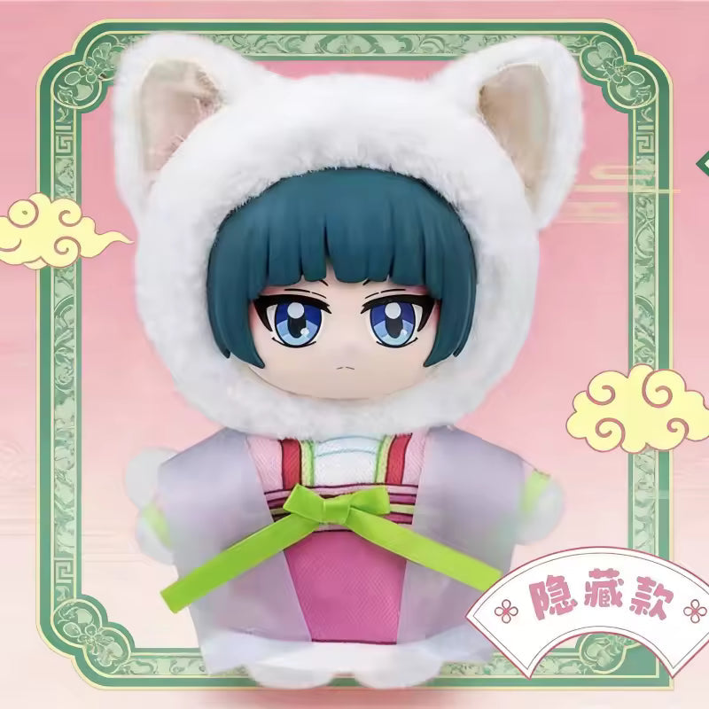 Plush toy with fox ears and traditional outfit on a decorative pink background