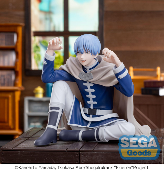 SEGA PM Perching Figure Himmel in seated pose, blue hero outfit — official Frieren: Beyond Journey's End prize figure collectible