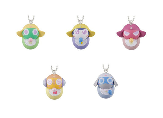 Full lineup of 5 Bandai Sergeant Keroro Baby Invasion Gashapon figures including Baby Keroro, Tamama, Giroro, Kururu, and Dororo.