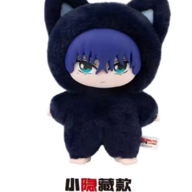 Plush toy with dark outfit and blue hair on a white background