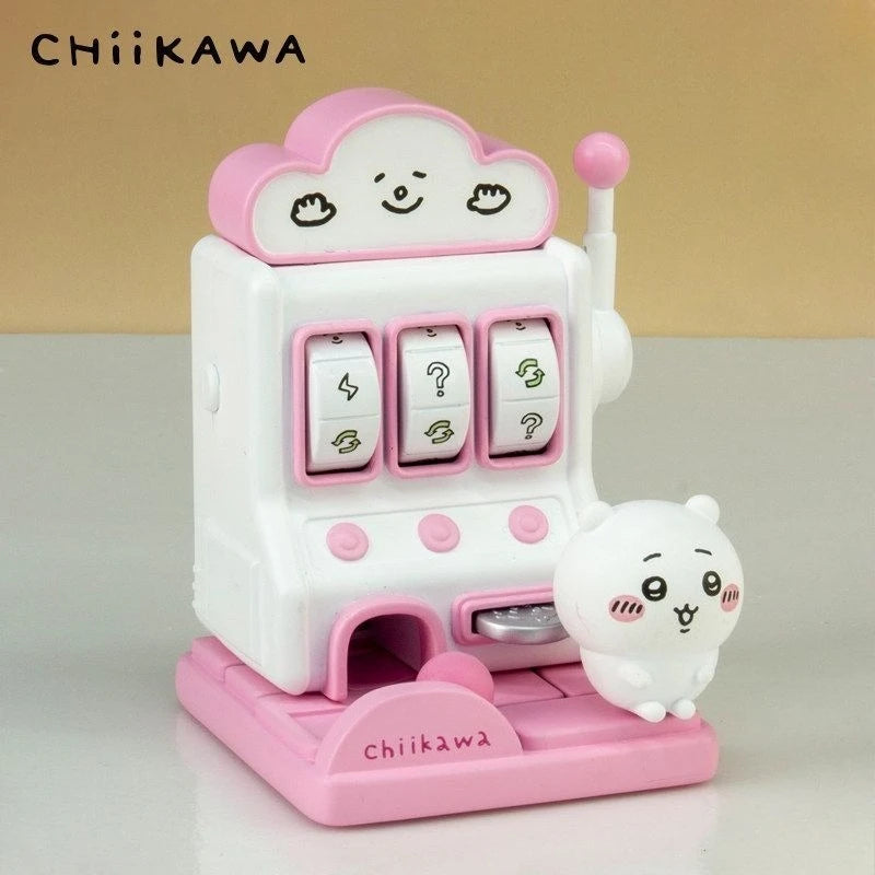 Pink and white toy slot machine with a small white creature on a beige background, featuring the brand 'CHiiKAWA'.