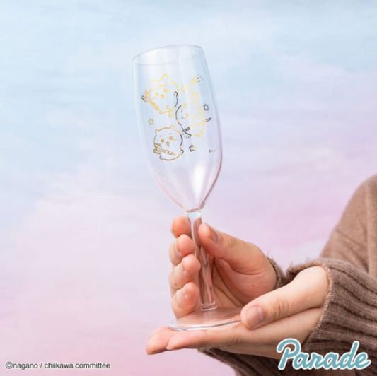 Chiikawa Parade champagne flute pair — set of 2 clear glasses with Chiikawa character prints