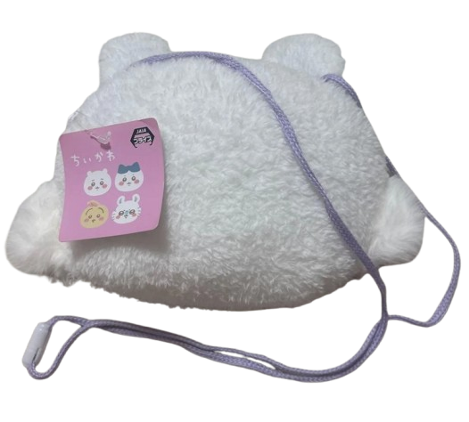 Chiikawa Momonga fluffy face pouch — large white plush pouch shaped like Momonga's face with blue ears and pink cheeks, official Chiikawa collectible accessory
