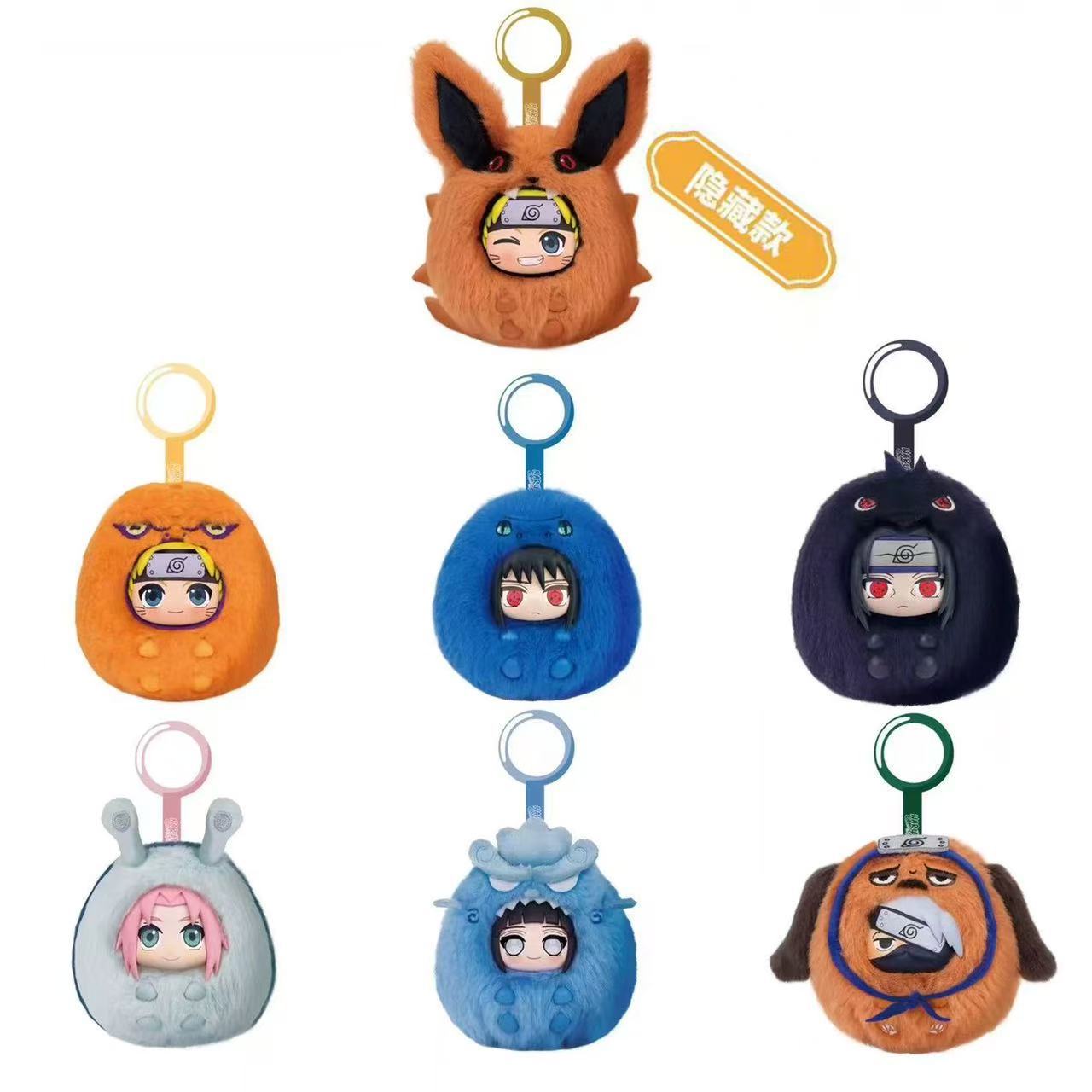 Naruto Shippuden Cute Plush Keychain display box showing characters like Naruto, Sasuke, and Sakura in round hooded plush outfits with 6 individual blind boxes.