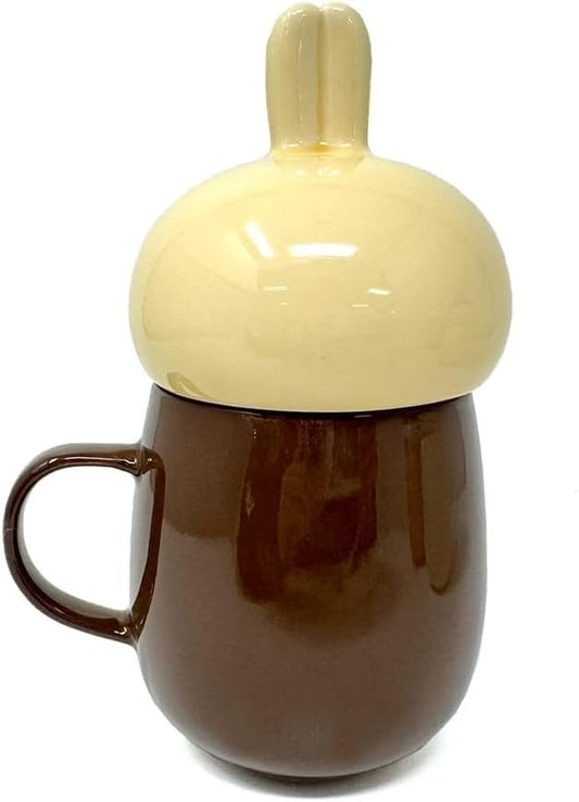Chiikawa Chill Time ceramic mug with Usagi character lid — brown mug with cute bunny figure topper, official Chiikawa kawaii kitchenware collectible