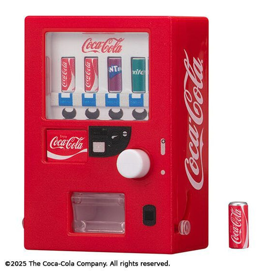 Bandai Coca-Cola Vending Machine Miniature Gashapon collection showing four different designs (A, B, C, D) including modern red, white, vintage wood-grain, and classic Coke styles with functional dispensing features.