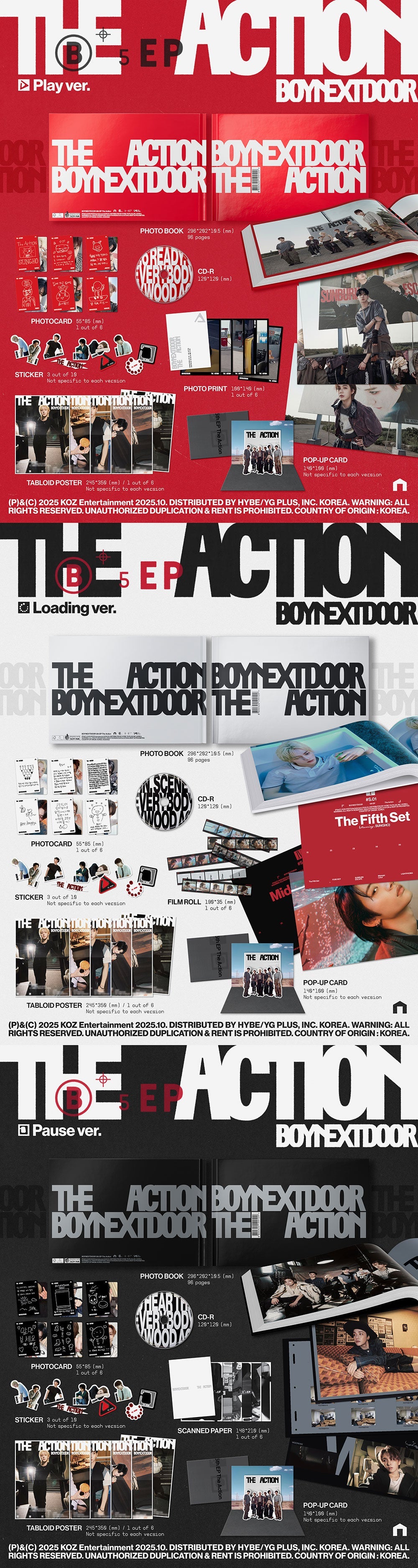 Alt Text: BOYNEXTDOOR 5th EP The Action Photobook Version showing the Play, Loading, and Pause covers with a cinematic film crew concept.