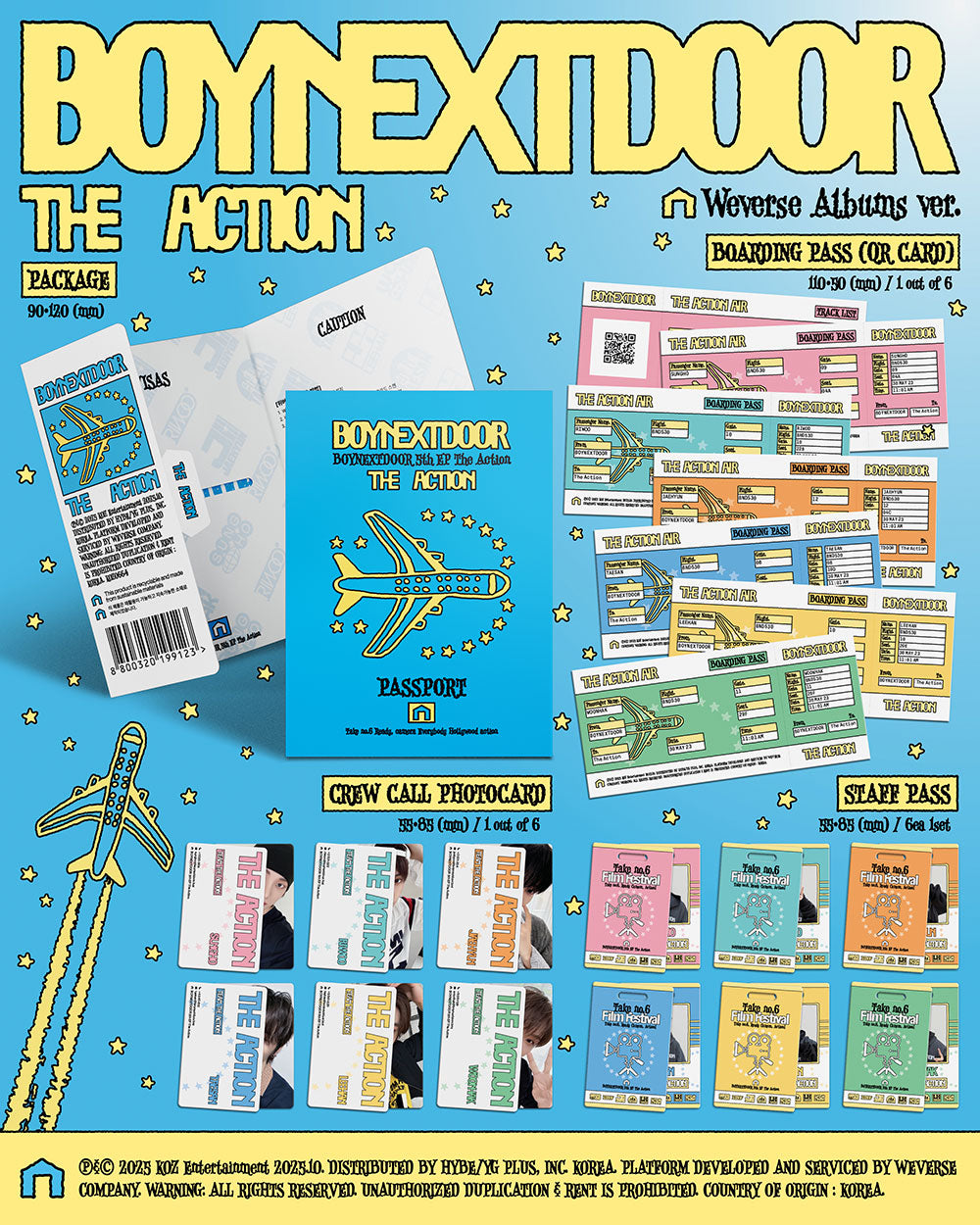 BOYNEXTDOOR 5th EP The Action Weverse Albums Version packaging featuring a blue and white film crew theme with QR cards and staff pass inclusions.