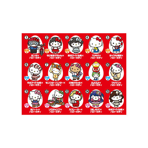 Collection of Hello Kitty-themed figurines on a red background with character names.