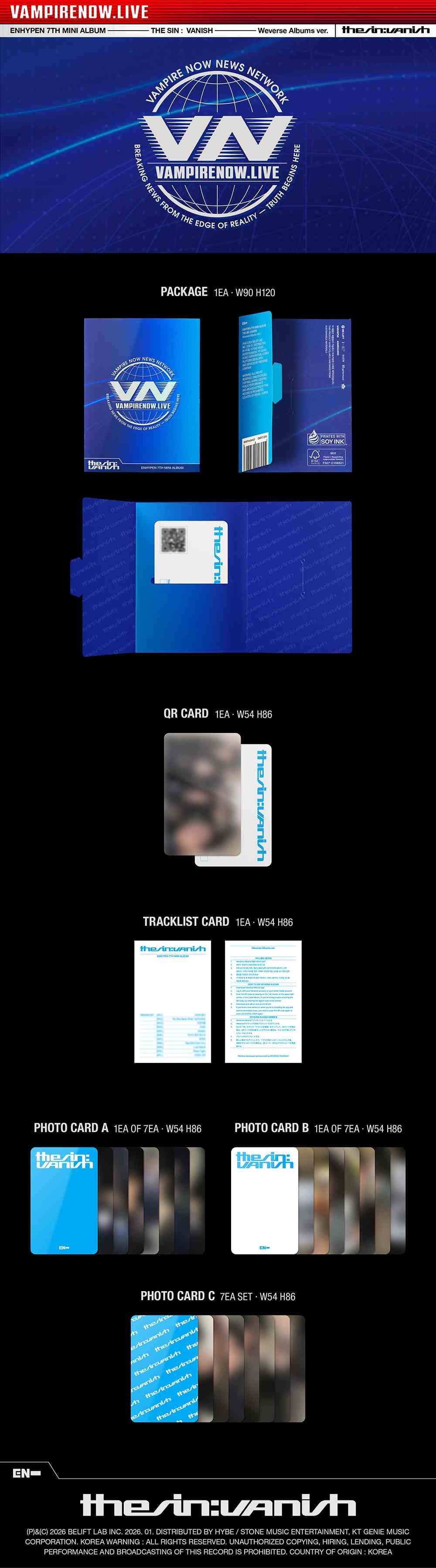 ENHYPEN 7th Mini Album THE SIN VANISH Weverse Albums Version packaging showing a dark, cinematic concept with QR card and photocard inclusions.