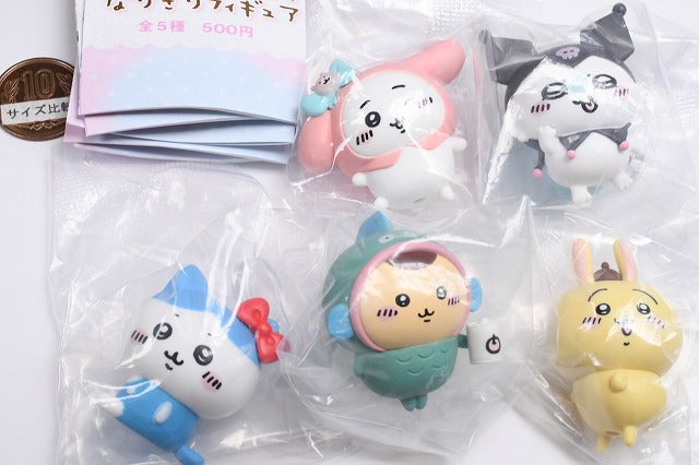 Chiikawa × Sanrio Characters Narikiri Figure capsule toys — 5 designs showing Chiikawa as My Melody, Hachiware as Hello Kitty, Usagi as Pompompurin, Momonga as Kuromi, Kurimanju as Hangyodon