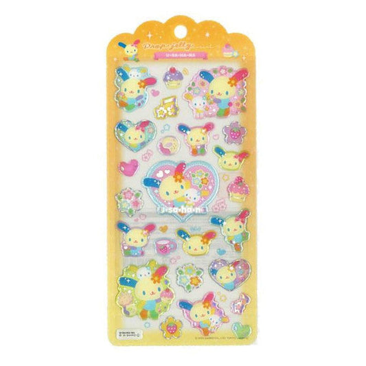 Sanrio Usahana Drop Jelly holographic epoxy sticker sheet β puffy glittery stickers featuring Usahana bunny with hearts and flowers in rainbow colors, official Crux Japan kawaii gift