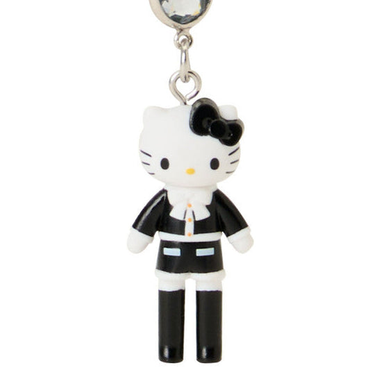 Hello Kitty Sanrio Closet Collection Tweed Style phone strap β monochrome Hello Kitty figure in black tuxedo with bow, heart and crystal bead chain, official Sanrio removable charm