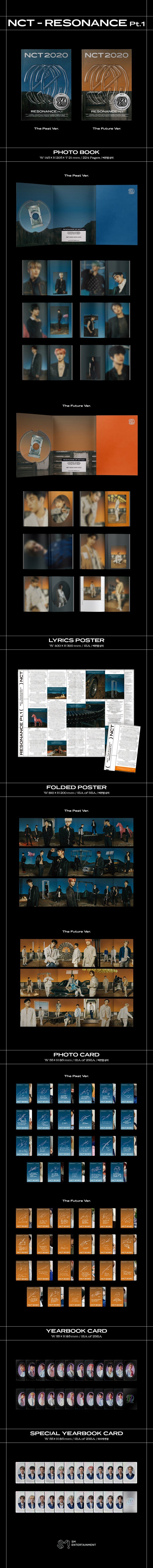 NCT 2020 RESONANCE Pt.1 Photobook The Past Version showing the blue-themed packaging and a thick 224-page booklet with all 23 members.