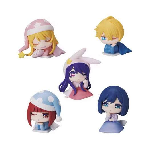 Full lineup of 5 Stasto Oshi no Ko Onemutan sleeping figures including Ai, Aqua, Ruby, Kana, and Akane.