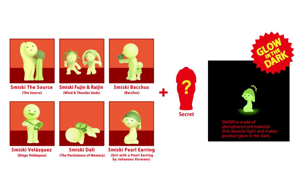 Dreams SMISKI Museum Series mini figures inspired by famous artworks, including interpretations of 'The Persistence of Memory' and 'Girl with a Pearl Earring' on a bright red background.