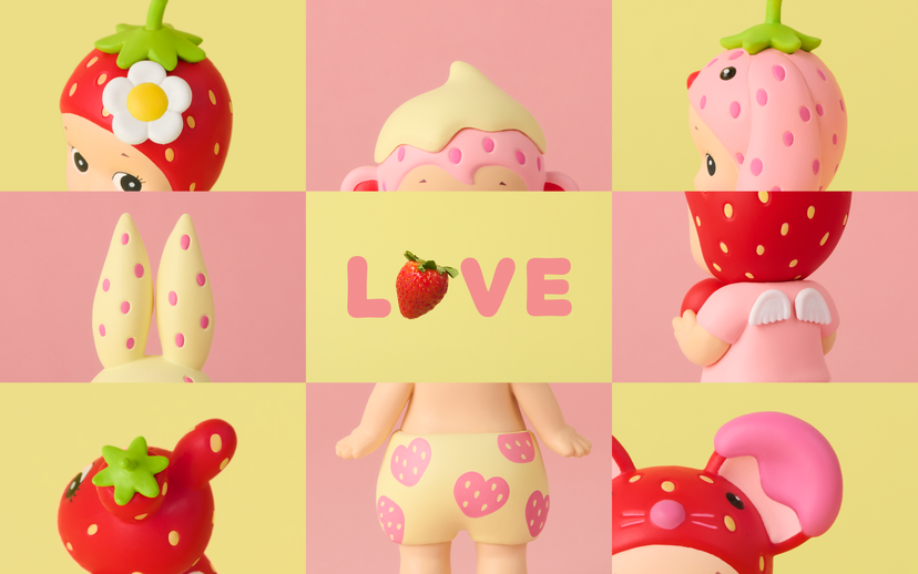 Collage of strawberry-themed figurines with a 'LOVE' text on a colorful background