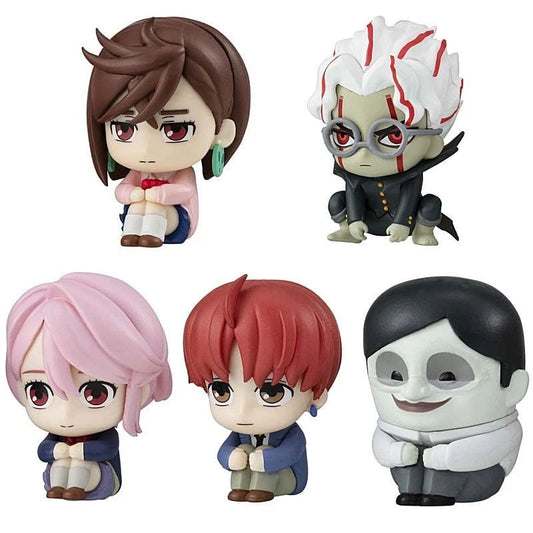 Lineup of 5 Bandai Dandadan Machiboke 2 Gashapon figures including Momo, Okarun, Aira, Jiji, and a Serpoian sitting in waiting poses.