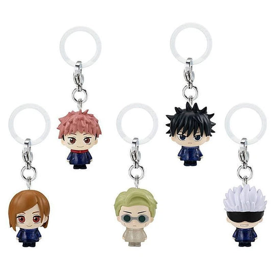 Jujutsu Kaisen Mejirushi charms shown attached to an umbrella handle and a plastic bottle using the clear silicone ring.