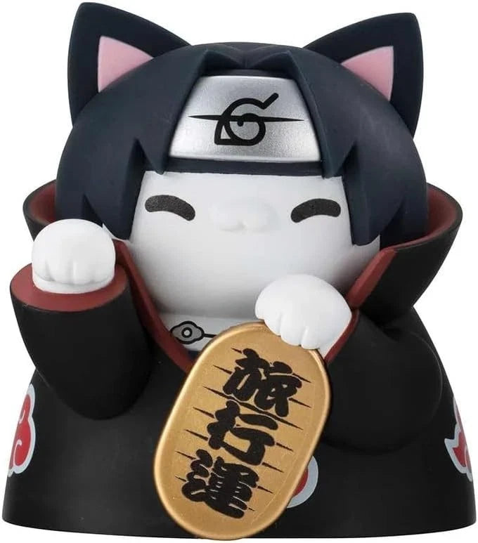 Figurine of a character with cat-like ears and a black outfit holding a gold plaque on a white background