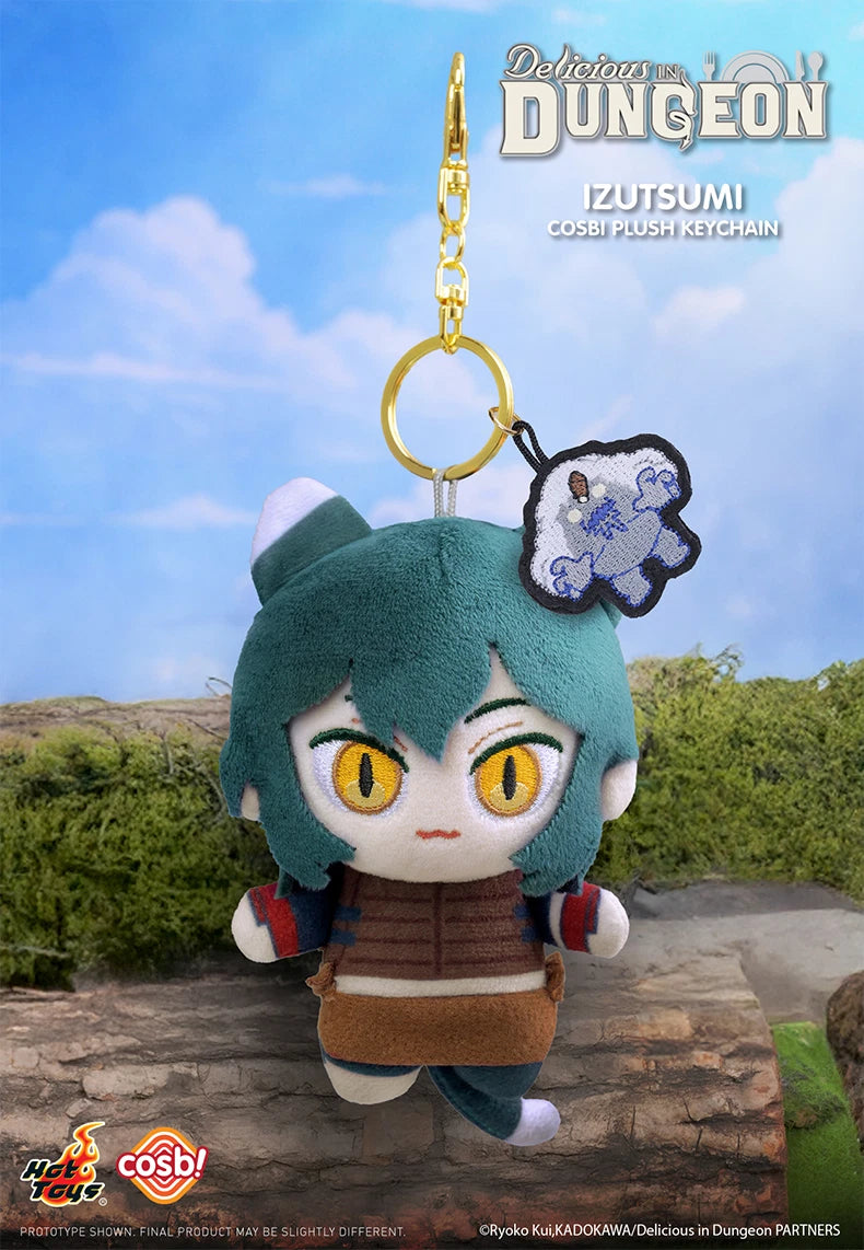 Plush keychain of Izutsumi from Delicious in Dungeon with a scenic background