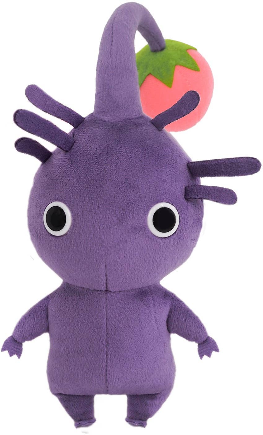 San-ei Purple Pikmin All Star Collection plush toy — 17cm purple Pikmin with tentacle whiskers and pink bud stem, soft polyester, official Nintendo licensed collectible