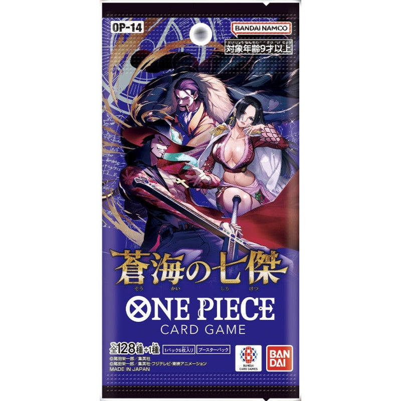 Bandai Namco One Piece Card Game OP-14 booster pack for The Seven Heroes Of The Blue Sea featuring art of Dracule Mihawk, Crocodile, and Boa Hancock on a dark blue background.