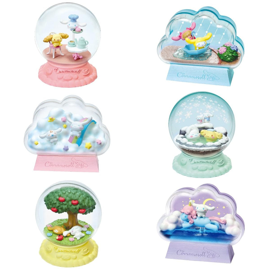 Re-Ment Cinnamoroll Terrarium Collection Fluffy Happy Days — 6 terrarium diorama designs including Cafe, Rainbow, Dappled Sunlight, Rain, Hot Spring and Night Sky