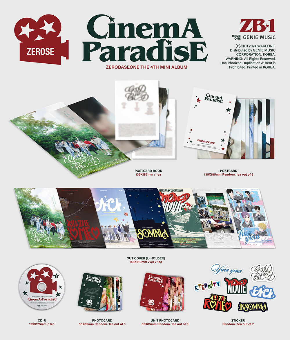 Promotional image of ZEROSΓNNE's 4th mini album 'Cinema Paradise' with various items included.