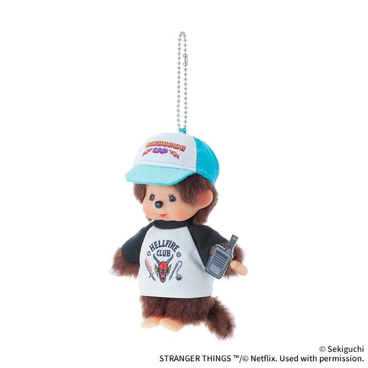 Monchhichi x Stranger Things Hellfire Club Mascot Keychain -- Dustin-inspired Monchhichi with tee and walkie-talkie, official Sekiguchi Netflix collab collectible gift