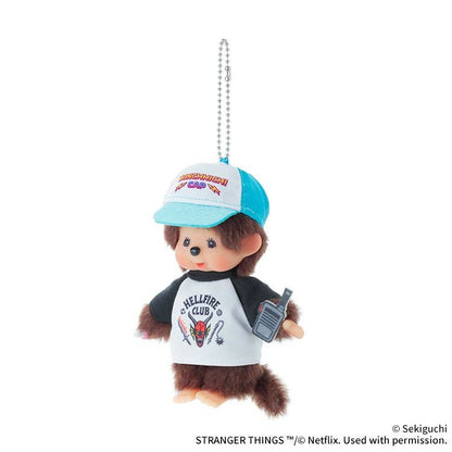 Monchhichi x Stranger Things Hellfire Club Mascot Keychain -- Dustin-inspired Monchhichi with tee and walkie-talkie, official Sekiguchi Netflix collab collectible gift