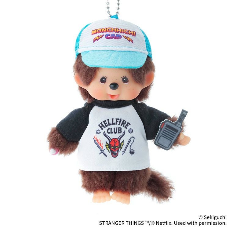 Monchhichi x Stranger Things Hellfire Club Mascot Keychain -- Dustin-inspired Monchhichi with tee and walkie-talkie, official Sekiguchi Netflix collab collectible gift
