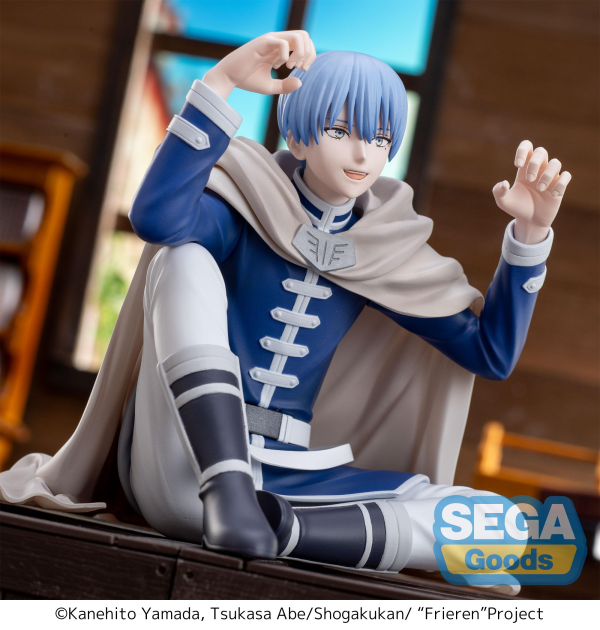 SEGA PM Perching Figure Himmel in seated pose, blue hero outfit — official Frieren: Beyond Journey's End prize figure collectible