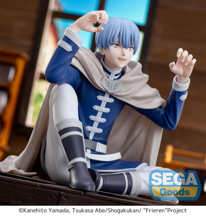 SEGA PM Perching Figure Himmel in seated pose, blue hero outfit — official Frieren: Beyond Journey's End prize figure collectible