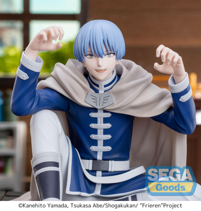 SEGA PM Perching Figure Himmel in seated pose, blue hero outfit — official Frieren: Beyond Journey's End prize figure collectible