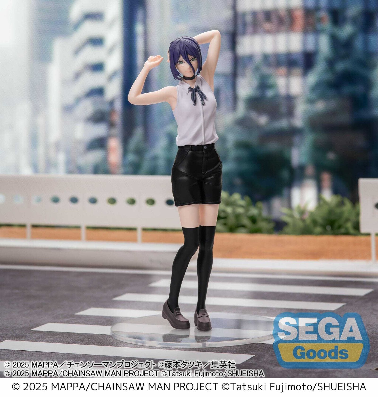Sega High Premium Figure Reze from Chainsaw Man Reze Arc — approx. 18cm standing figure in white sleeveless blouse, black shorts and knee-high socks, casual pose