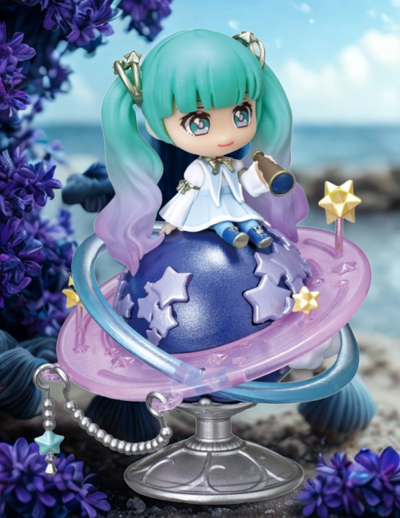 Full lineup of 4 Re-Ment Hatsune Miku Starrium: Sparkling Night Sky Story figures including Sun, Moon, Planet, and Future themes.