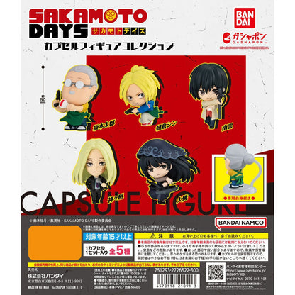 Bandai Sakamoto Days Capsule Figure Collection — 50mm chibi figures featuring Sakamoto, Shin, Lu, Heisuke, and X from the hit manga and anime series, perfect for collectors.