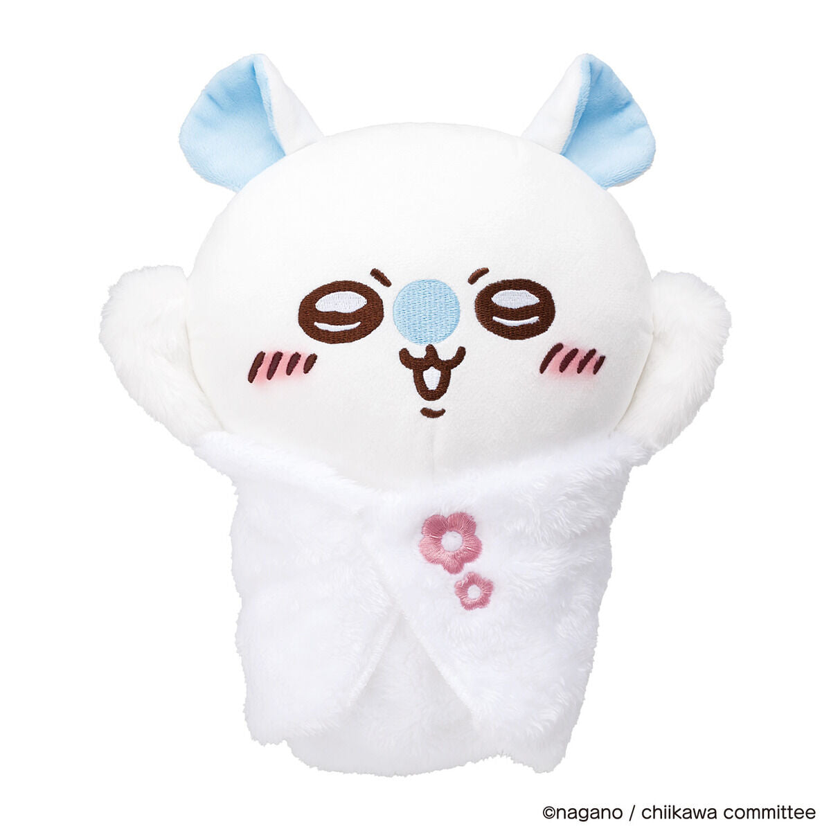 Chiikawa Talking Momonga interactive plush toy — white fluffy Momonga with blue ears, plays 55+ original voice clips in Chatty, Cute, and Demand modes, official Bandai